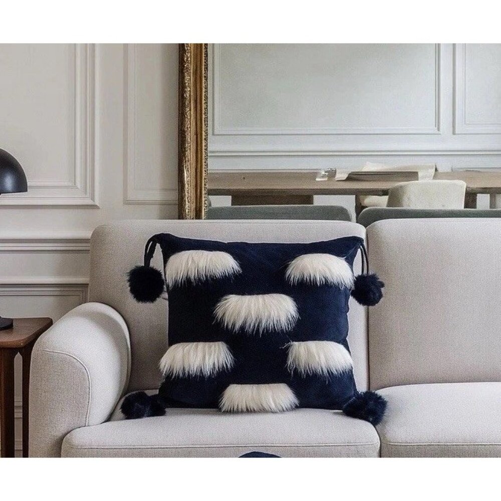 Real Rabbit Fur Fox Pillow Case Cushion Cover Eyebrows Square 14x14 pom-poms US